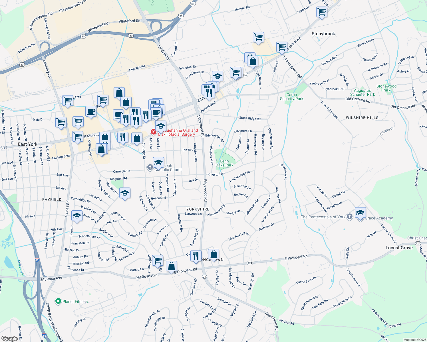 map of restaurants, bars, coffee shops, grocery stores, and more near 385 Folkstone Way in York