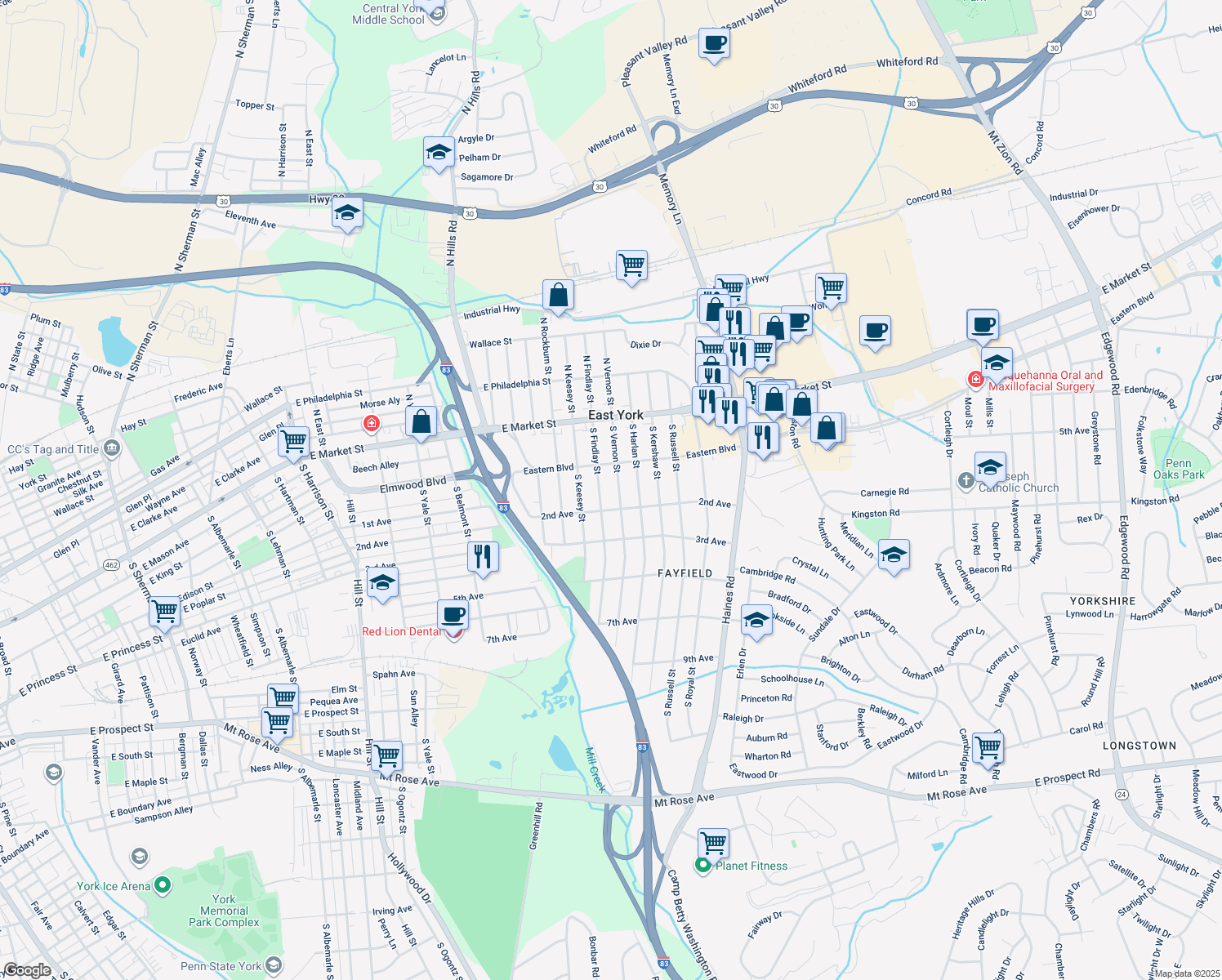 map of restaurants, bars, coffee shops, grocery stores, and more near 160 South Vernon Street in York