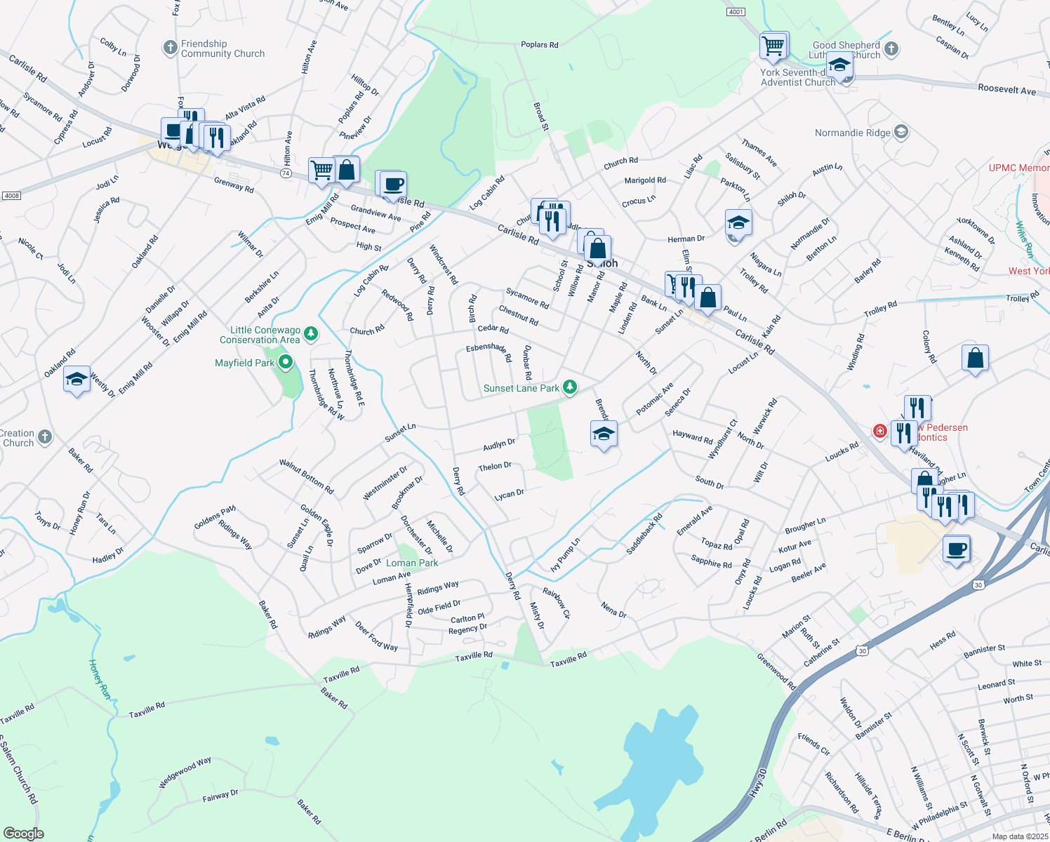 map of restaurants, bars, coffee shops, grocery stores, and more near 2506 Audlyn Drive in York