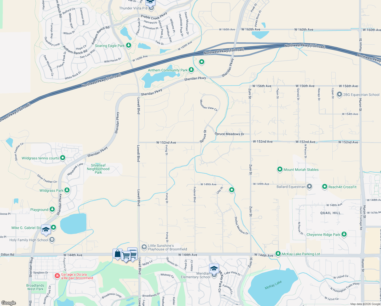 map of restaurants, bars, coffee shops, grocery stores, and more near 3050 West 151st Court in Broomfield