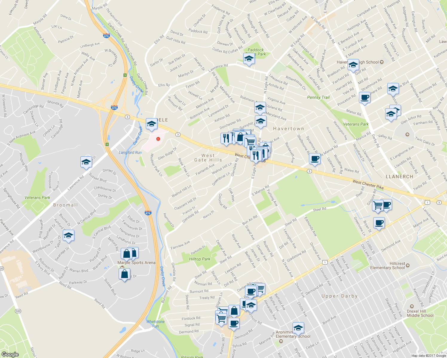 map of restaurants, bars, coffee shops, grocery stores, and more near 133 Greenbriar Lane in Havertown