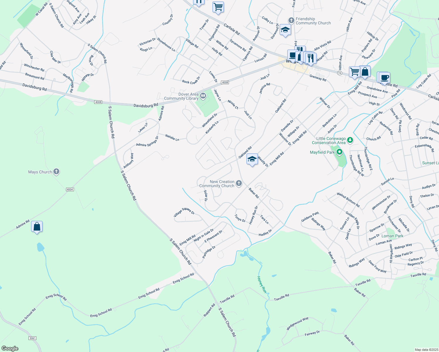 map of restaurants, bars, coffee shops, grocery stores, and more near 3012 Milky Way in Dover