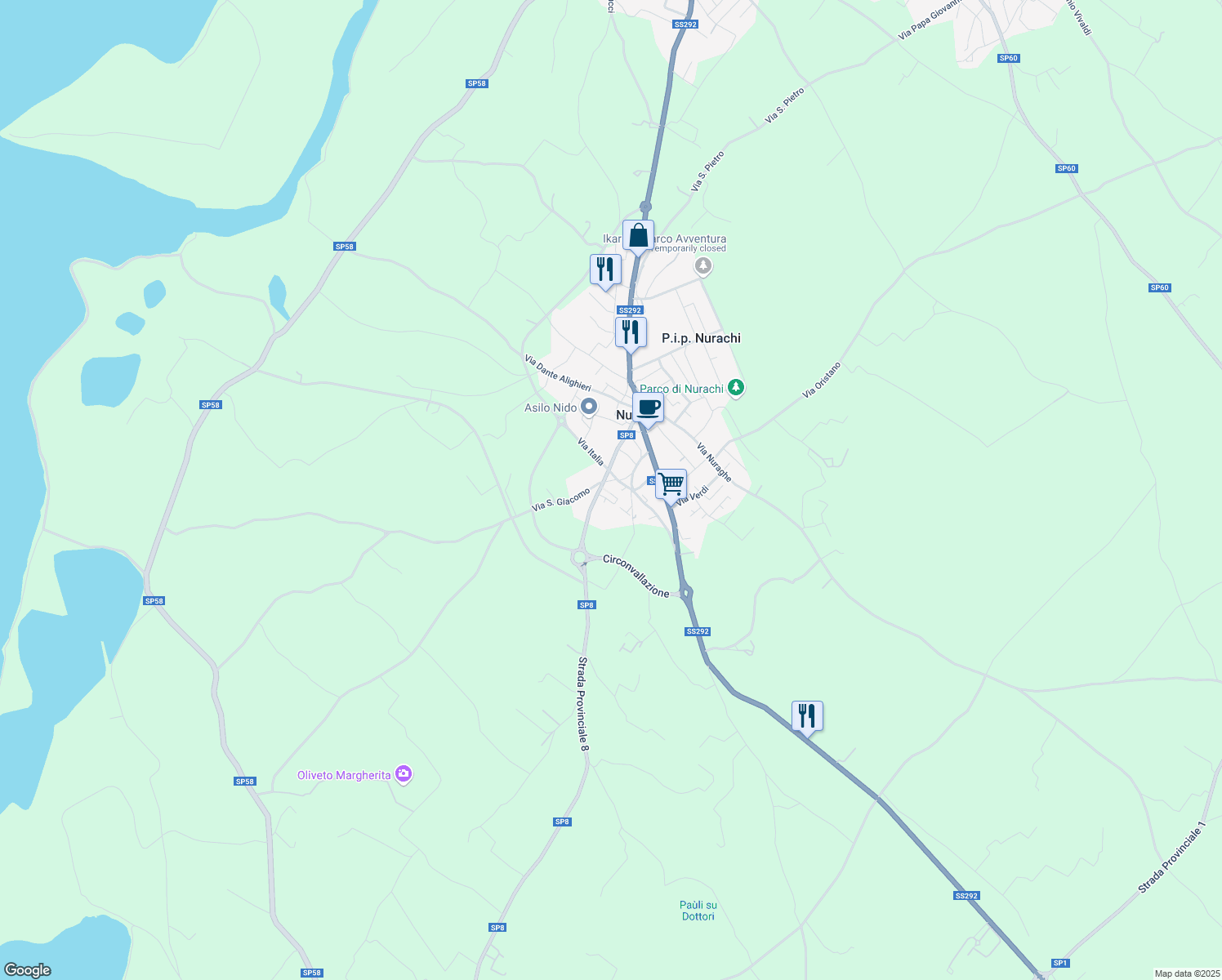map of restaurants, bars, coffee shops, grocery stores, and more near 16 Via Sant'Agostino in Nurachi