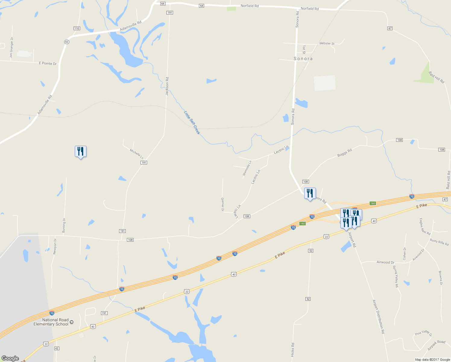 map of restaurants, bars, coffee shops, grocery stores, and more near 1170 Greiner Drive in Zanesville