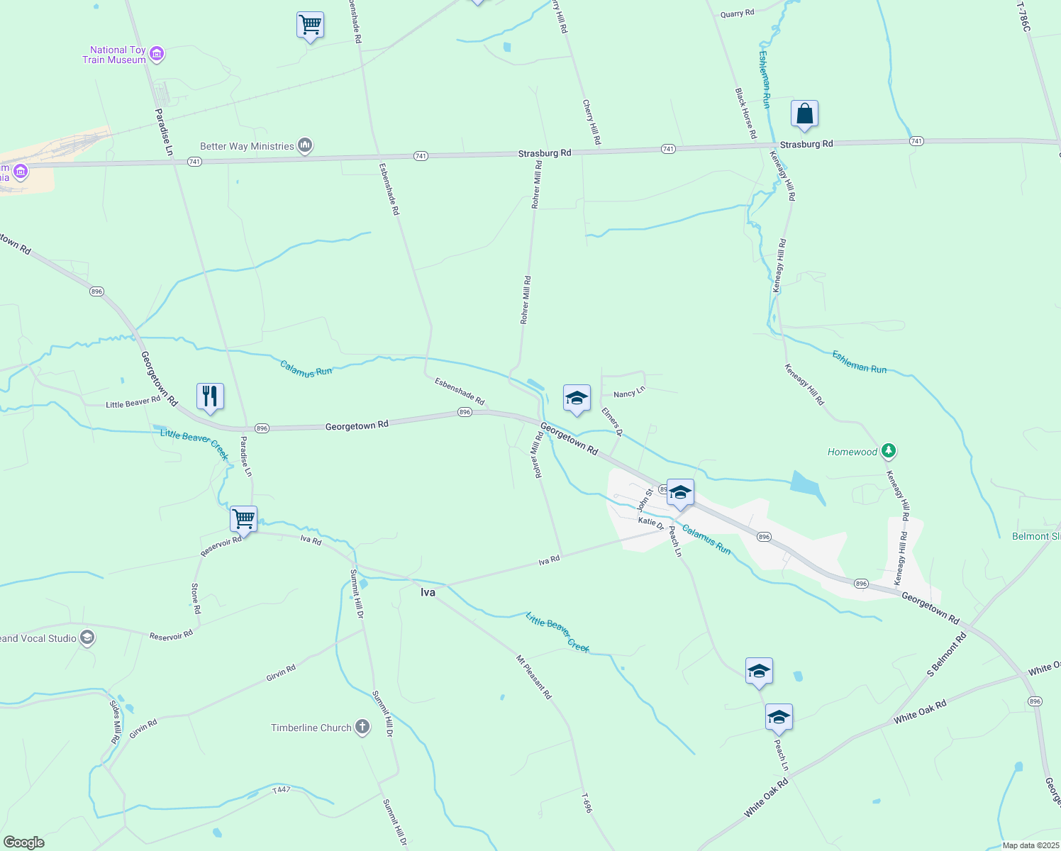 map of restaurants, bars, coffee shops, grocery stores, and more near 594 Georgetown Road in Ronks