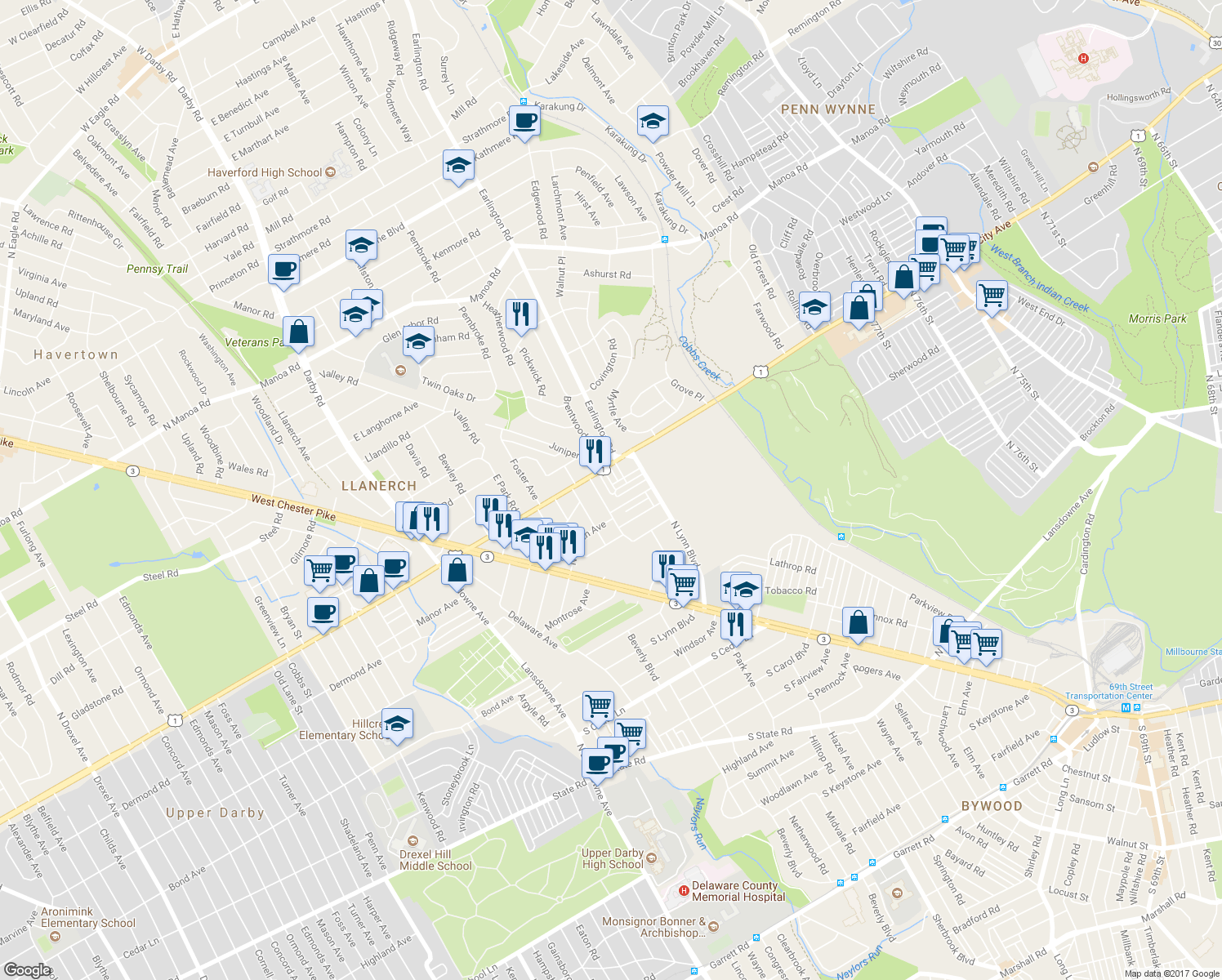 map of restaurants, bars, coffee shops, grocery stores, and more near 228 West Bayberry Avenue in Upper Darby