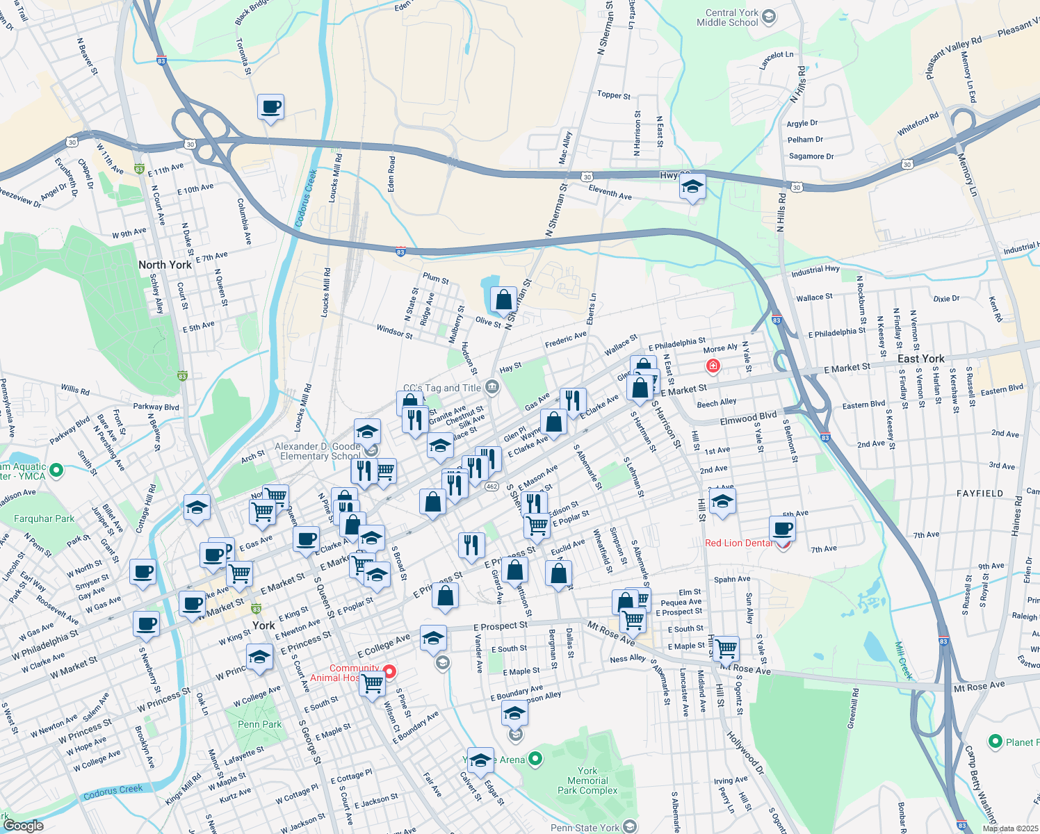 map of restaurants, bars, coffee shops, grocery stores, and more near 855 East Philadelphia Street in York