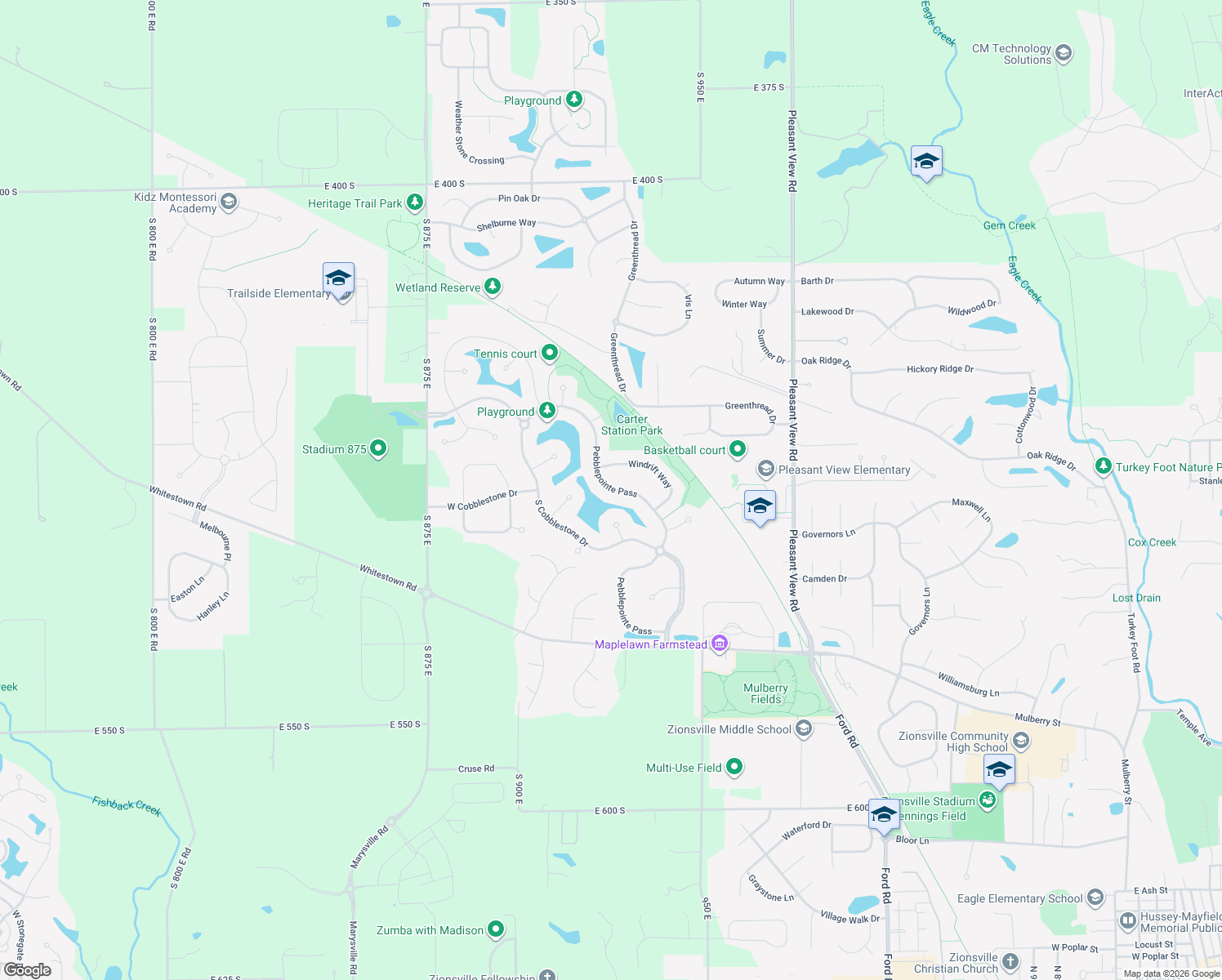 map of restaurants, bars, coffee shops, grocery stores, and more near 4752 Pebblepointe Pass in Zionsville