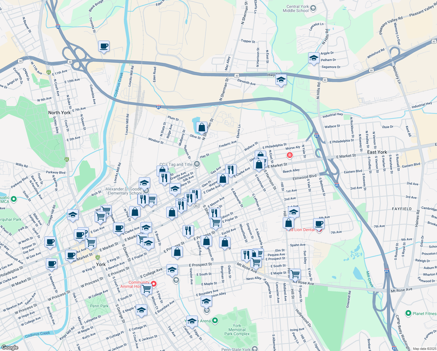map of restaurants, bars, coffee shops, grocery stores, and more near 940 East Philadelphia Street in York