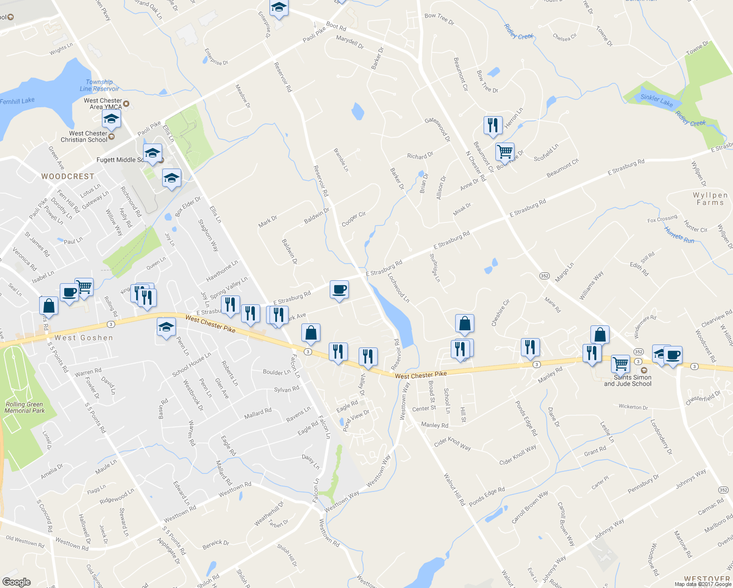 map of restaurants, bars, coffee shops, grocery stores, and more near 28 Reservoir Road in West Chester