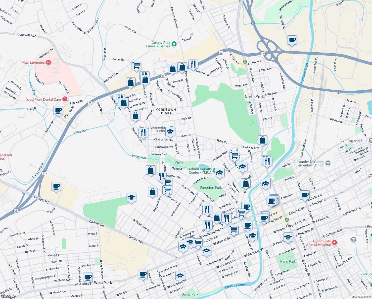 map of restaurants, bars, coffee shops, grocery stores, and more near 108 Talisman Court in York