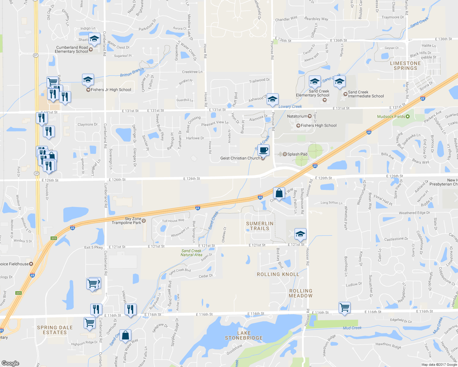 map of restaurants, bars, coffee shops, grocery stores, and more near 10543 East 126th Street in Fishers