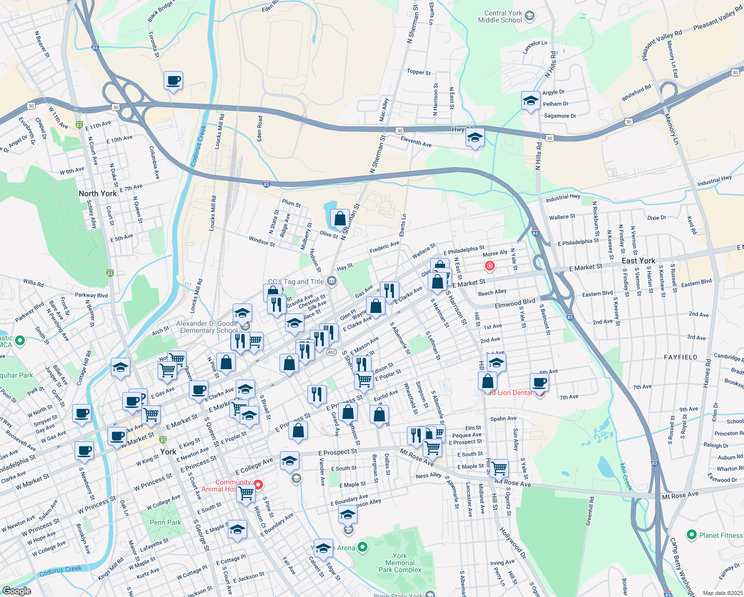 map of restaurants, bars, coffee shops, grocery stores, and more near 950 East Philadelphia Street in York