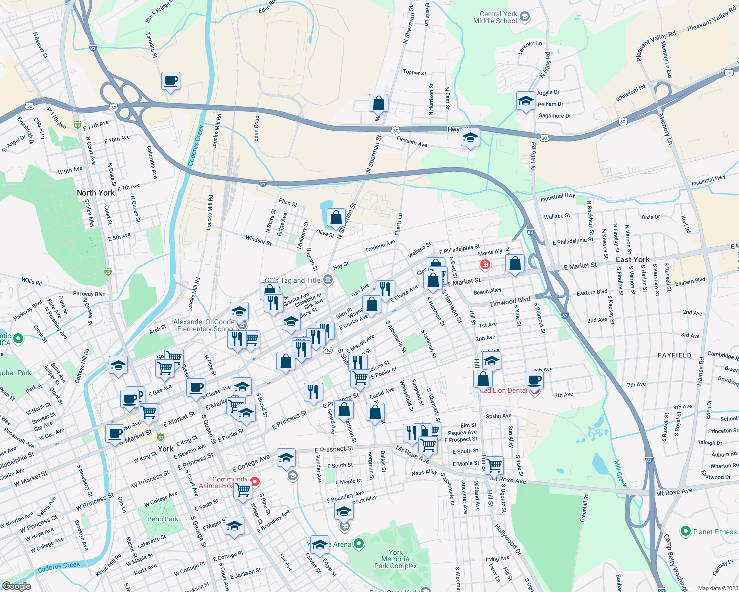 map of restaurants, bars, coffee shops, grocery stores, and more near 956 East Philadelphia Street in York