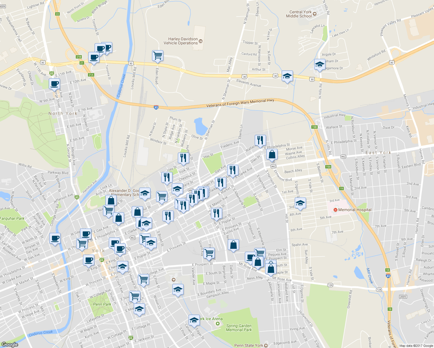 map of restaurants, bars, coffee shops, grocery stores, and more near 927 East Philadelphia Street in York