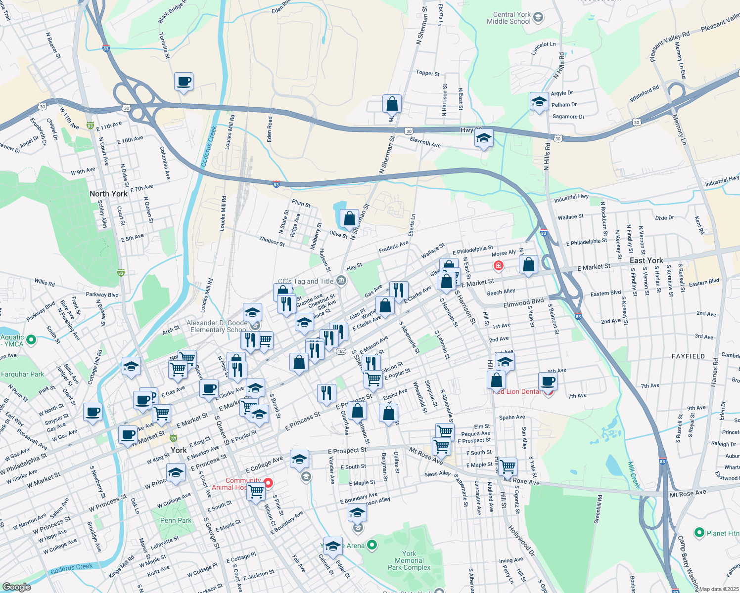 map of restaurants, bars, coffee shops, grocery stores, and more near 915 East Philadelphia Street in York