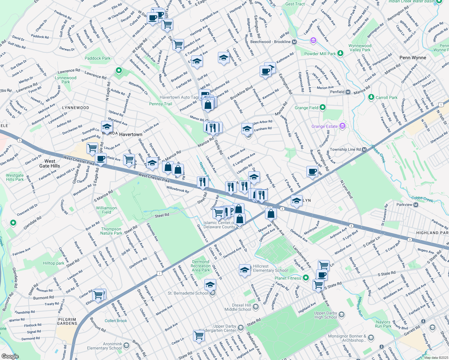 map of restaurants, bars, coffee shops, grocery stores, and more near 426 Llanerch Avenue in Havertown