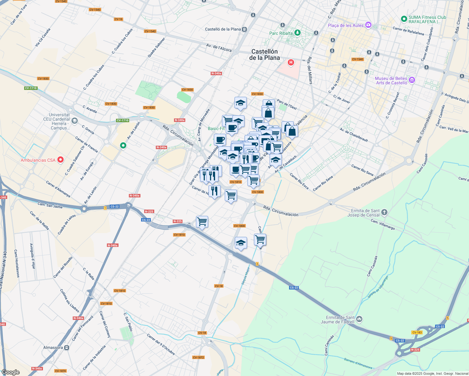 map of restaurants, bars, coffee shops, grocery stores, and more near 14 Camí Pi Gros in Castelló de la Plana