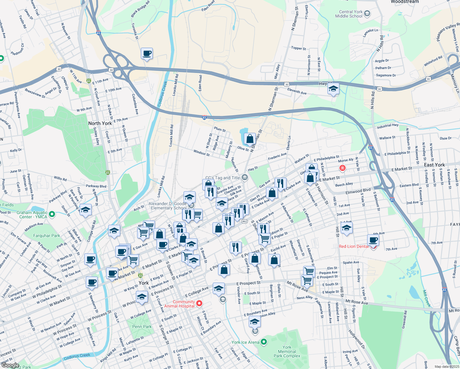 map of restaurants, bars, coffee shops, grocery stores, and more near 726 York Street in York