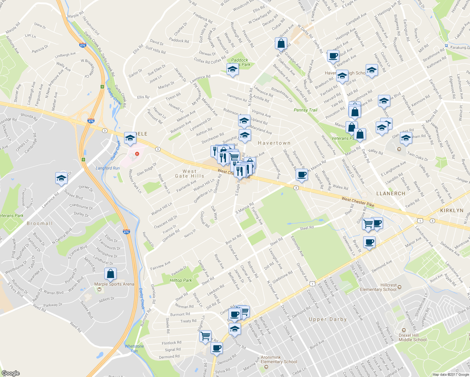 map of restaurants, bars, coffee shops, grocery stores, and more near 66 South Eagle Road in Havertown