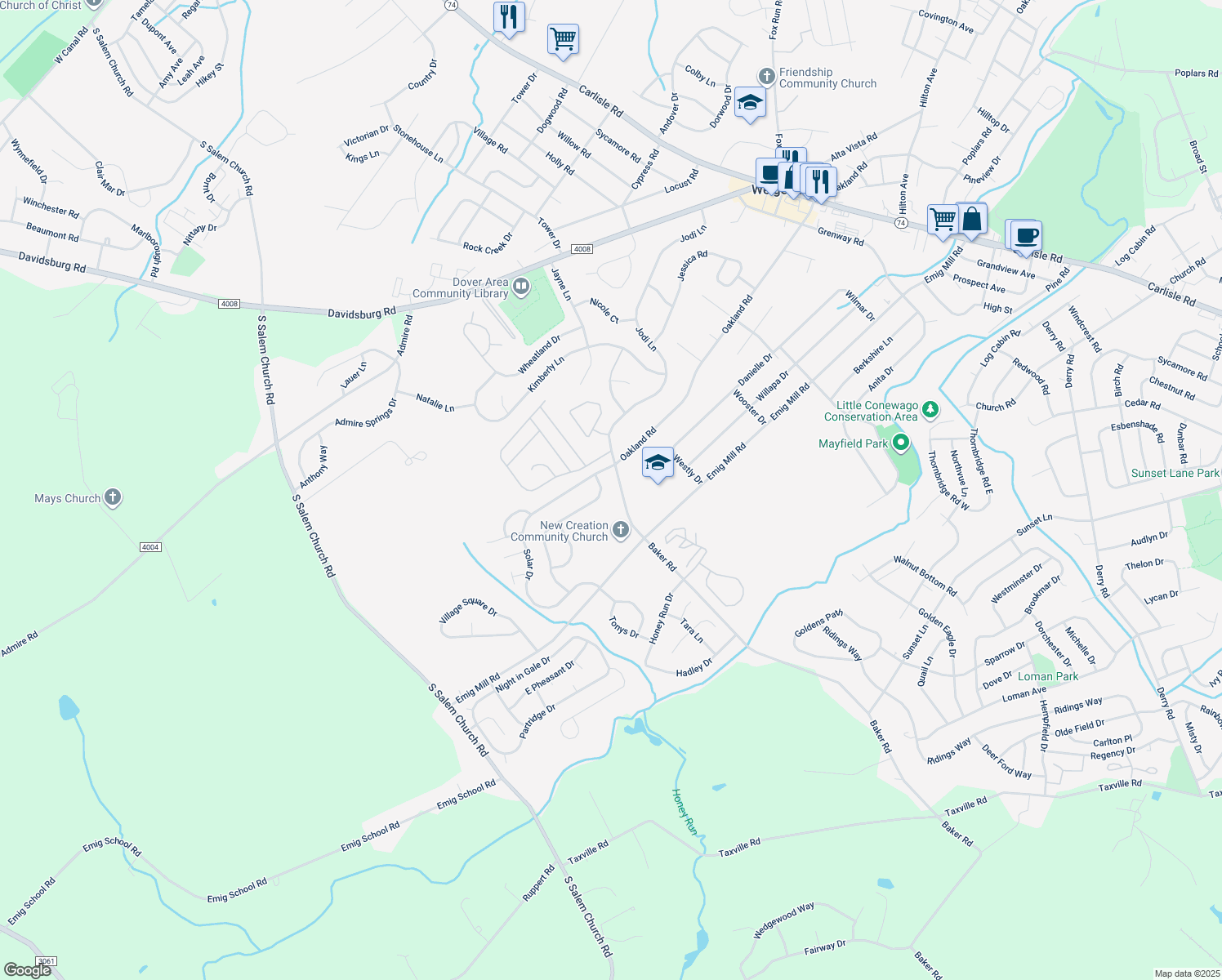 map of restaurants, bars, coffee shops, grocery stores, and more near 3059 Milky Way in Dover