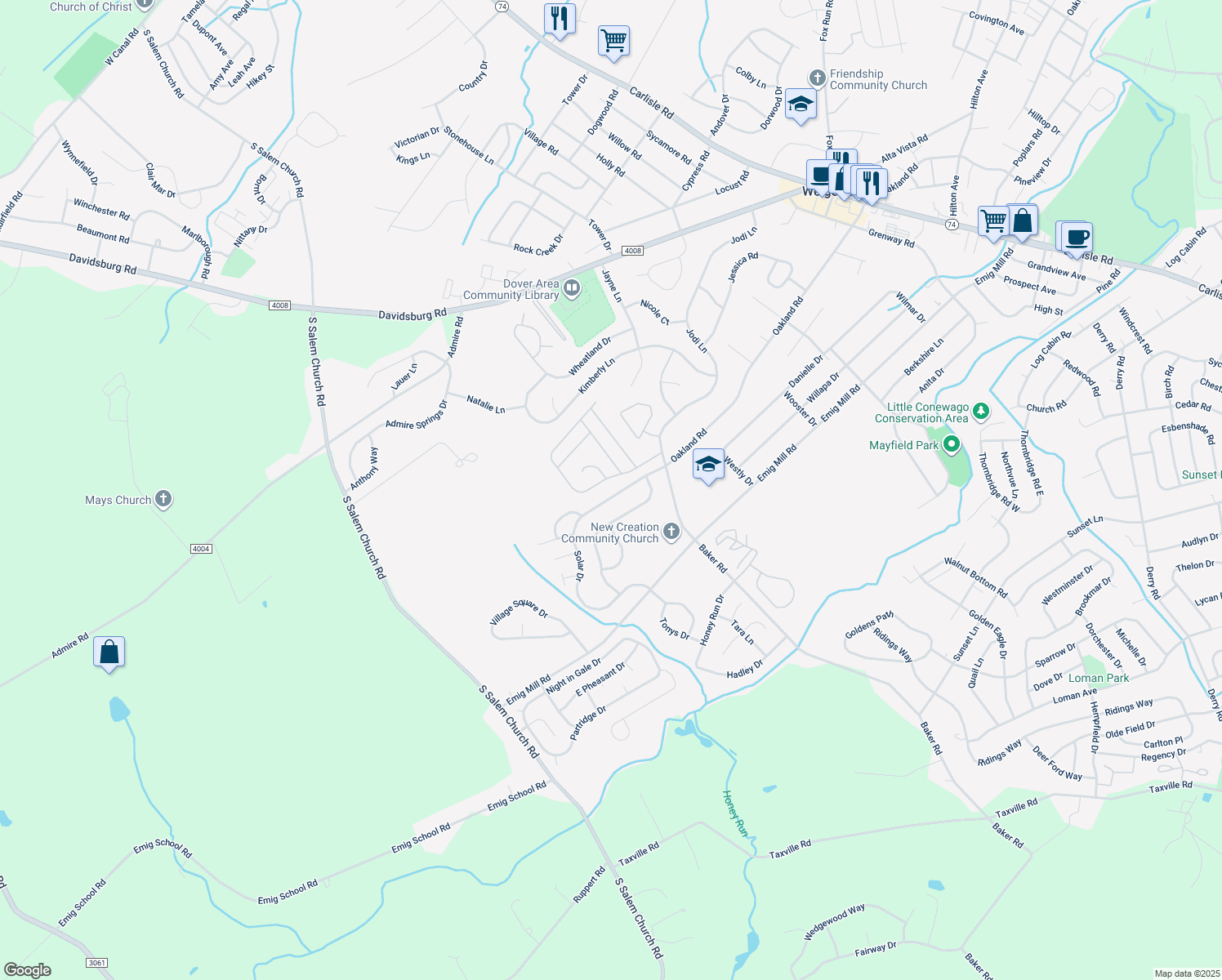 map of restaurants, bars, coffee shops, grocery stores, and more near 3032 Solar Drive in Dover