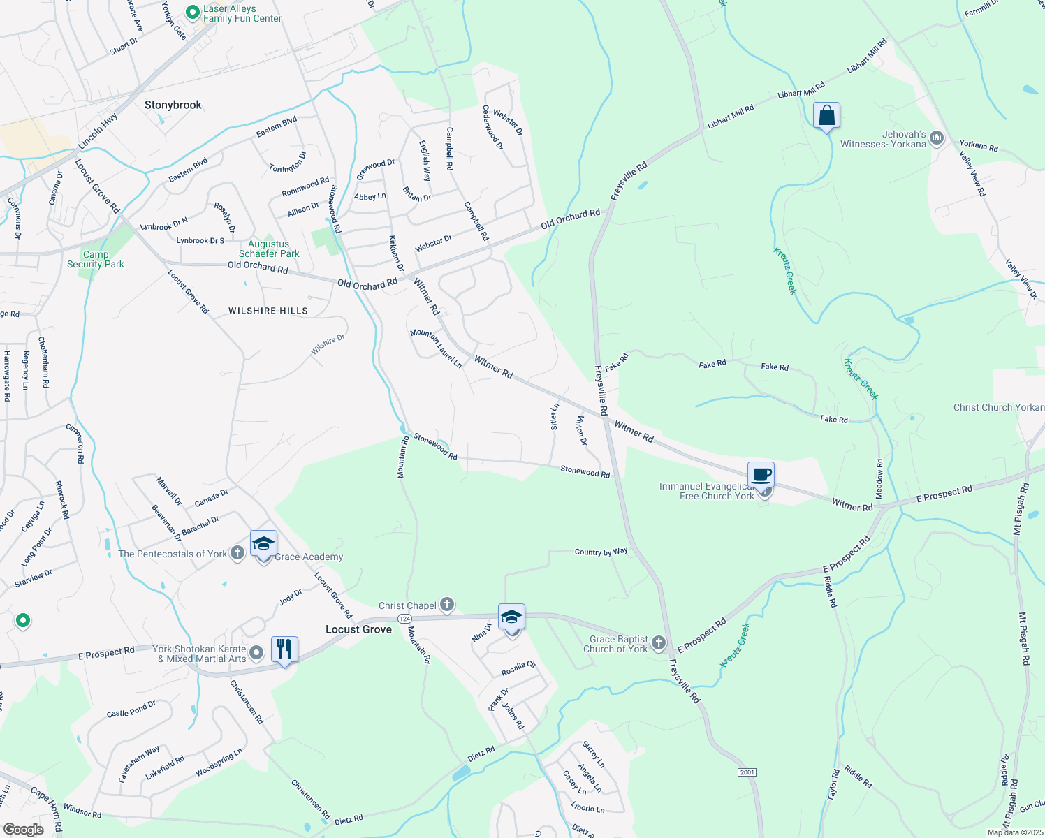 map of restaurants, bars, coffee shops, grocery stores, and more near 155 Southview Drive in York