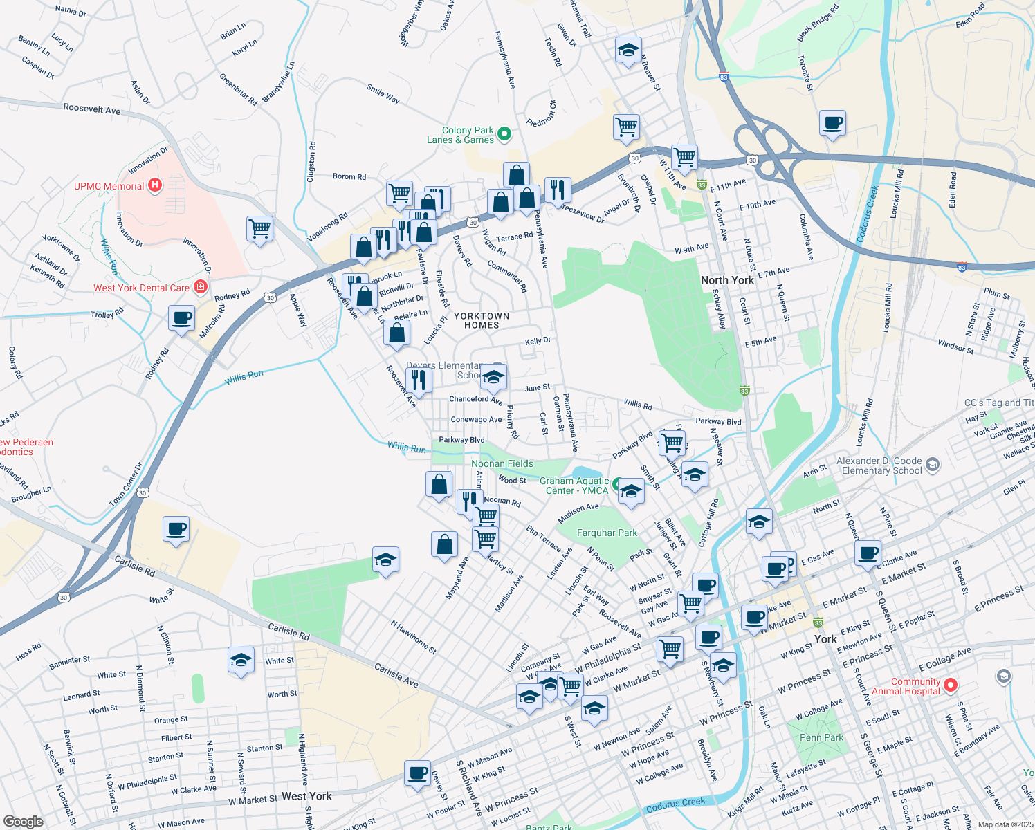 map of restaurants, bars, coffee shops, grocery stores, and more near 763 Conewago Avenue in York