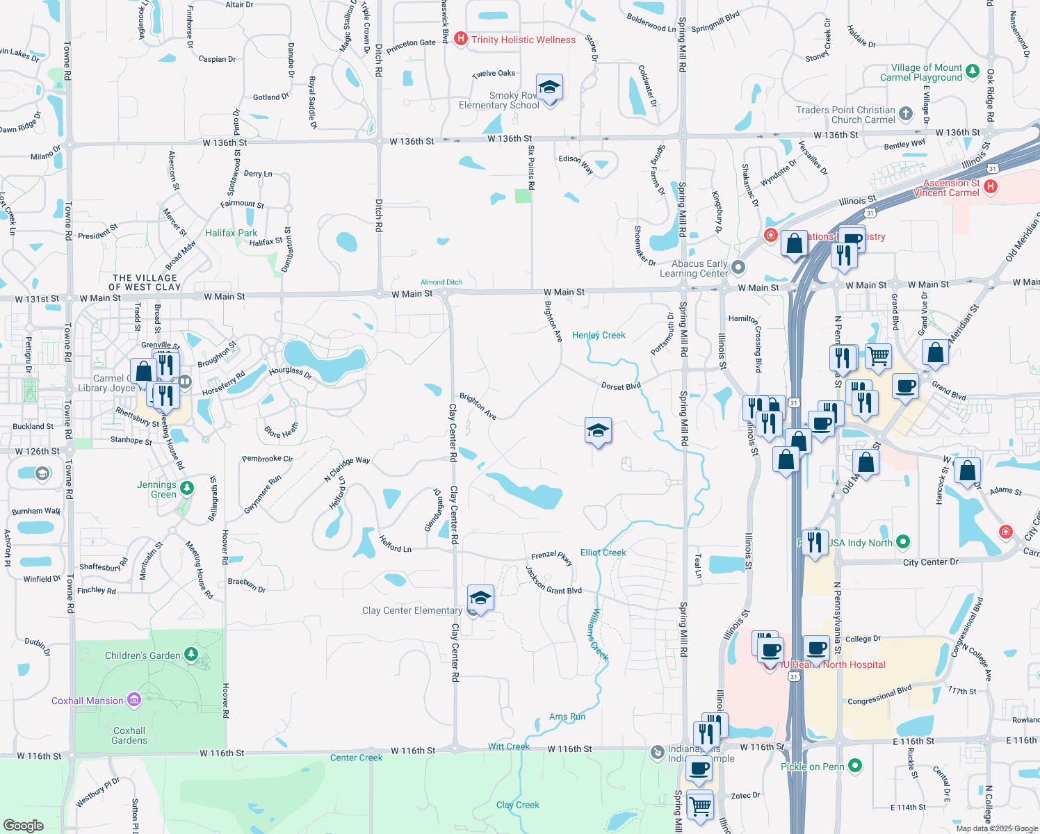 map of restaurants, bars, coffee shops, grocery stores, and more near 12935 Brighton Avenue in Carmel