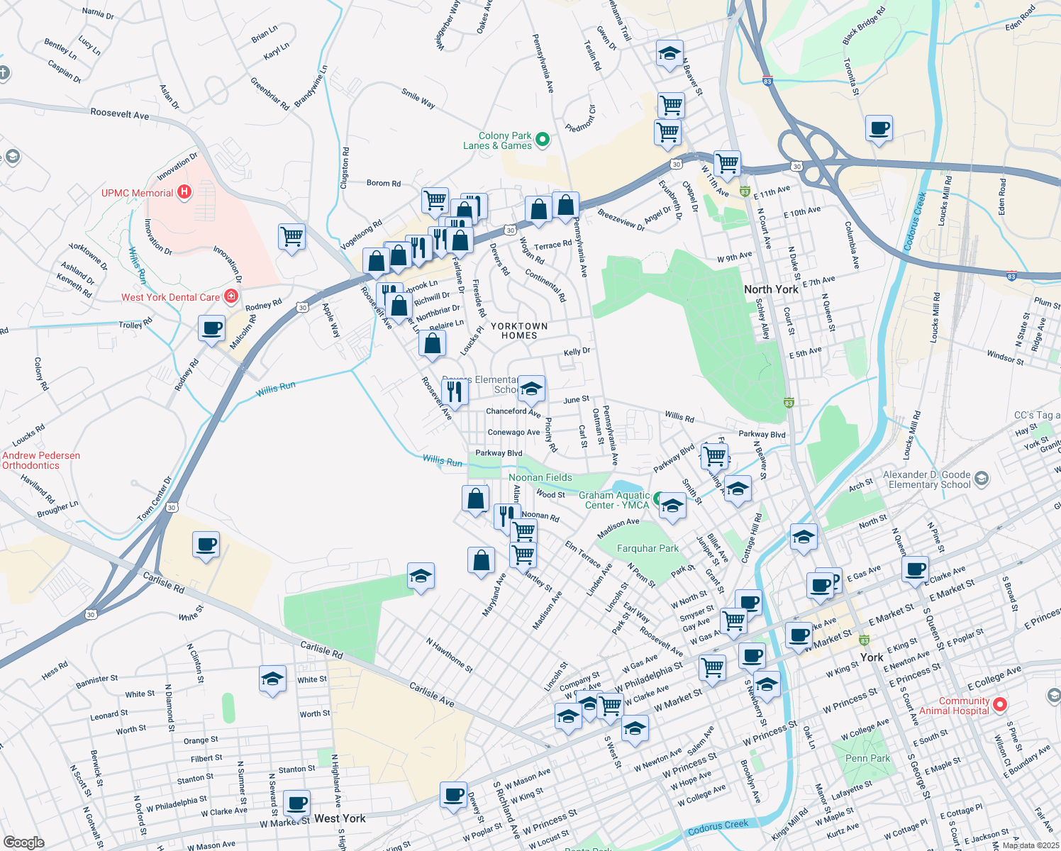 map of restaurants, bars, coffee shops, grocery stores, and more near 805 Conewago Avenue in York