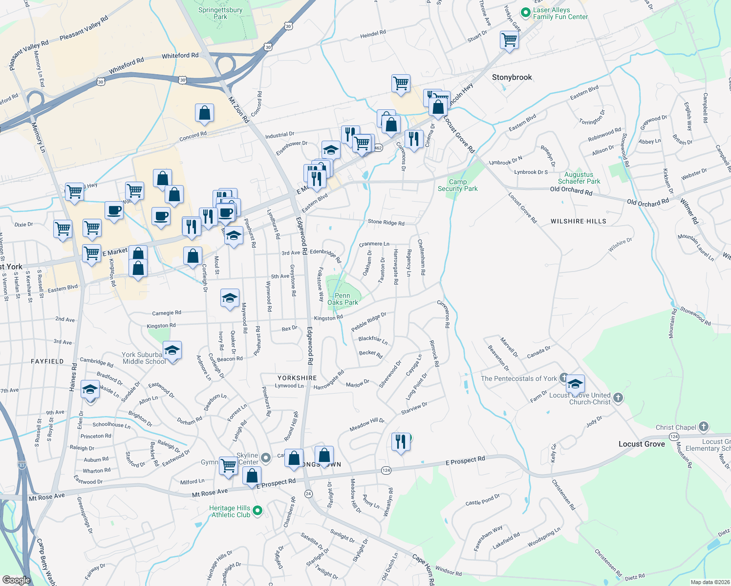 map of restaurants, bars, coffee shops, grocery stores, and more near 3480 Edenbridge Road in York