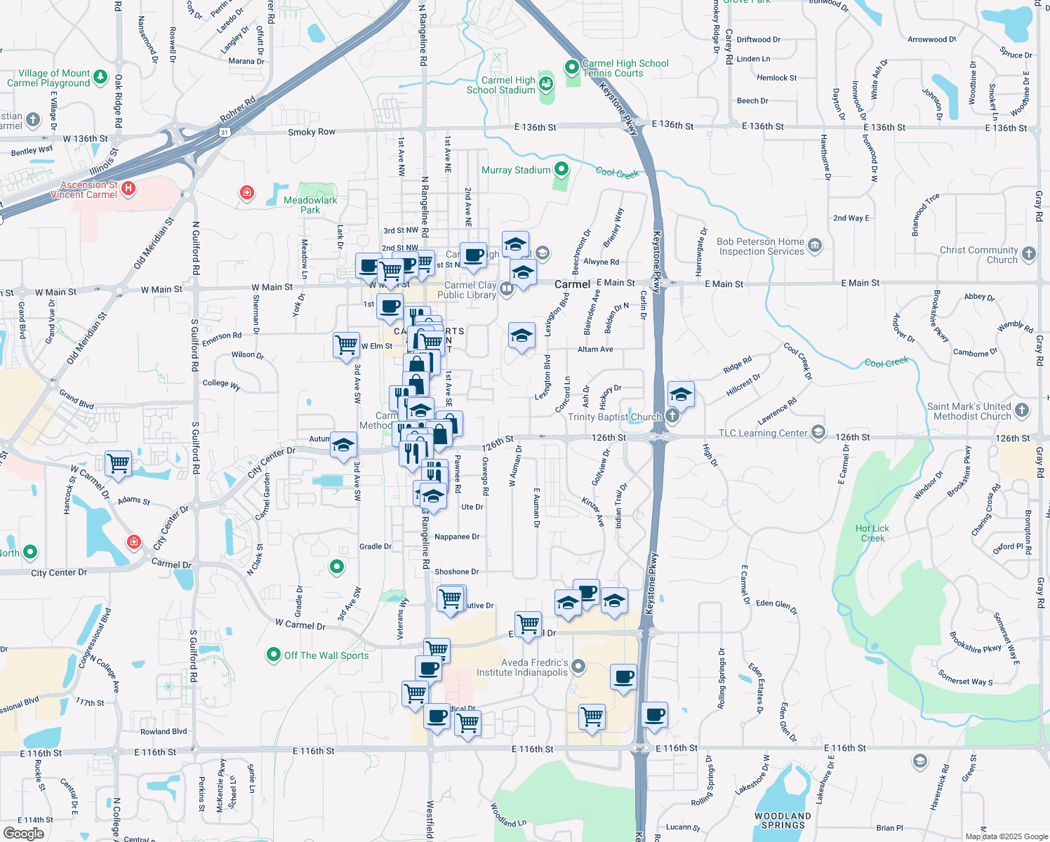 map of restaurants, bars, coffee shops, grocery stores, and more near 610 Lexington Blvd in Carmel