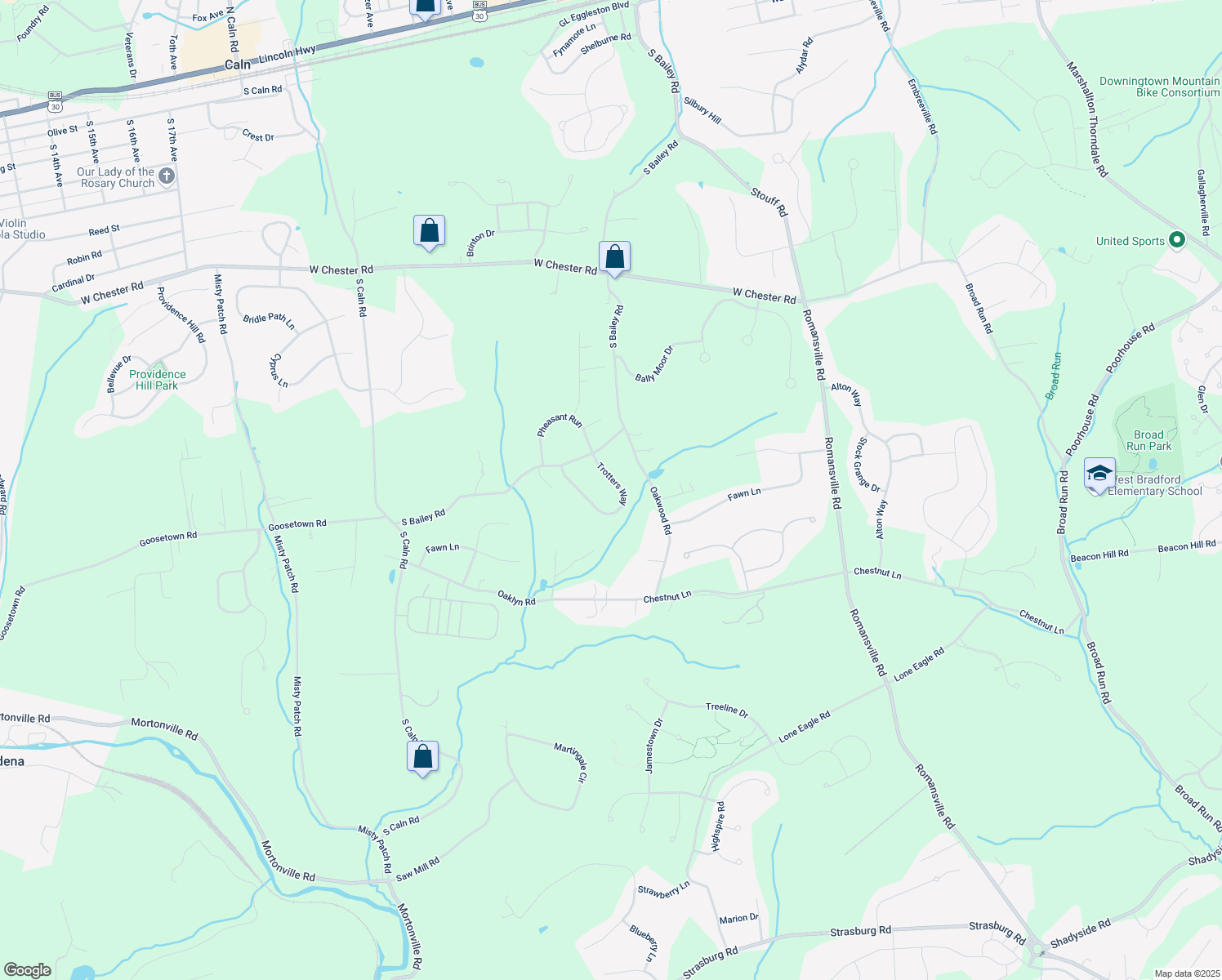 map of restaurants, bars, coffee shops, grocery stores, and more near 415 Trotters Way in Coatesville