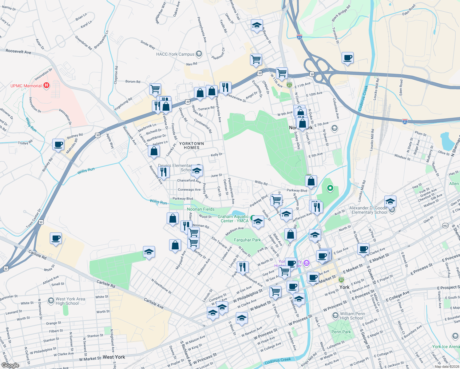 map of restaurants, bars, coffee shops, grocery stores, and more near 763 Oatman St in York