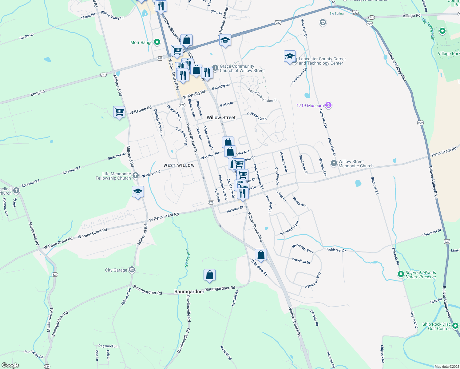 map of restaurants, bars, coffee shops, grocery stores, and more near 341 Carol Lynn Drive in Willow Street