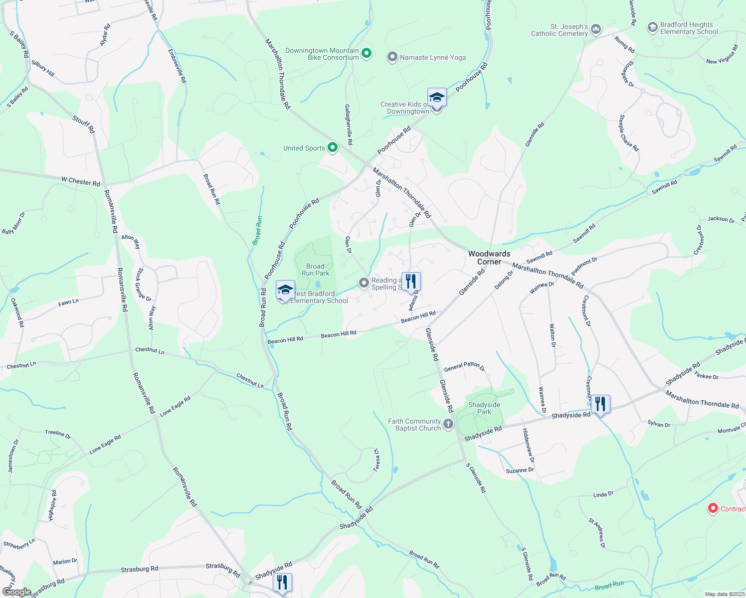 map of restaurants, bars, coffee shops, grocery stores, and more near 1409 Henry Drive in Downingtown