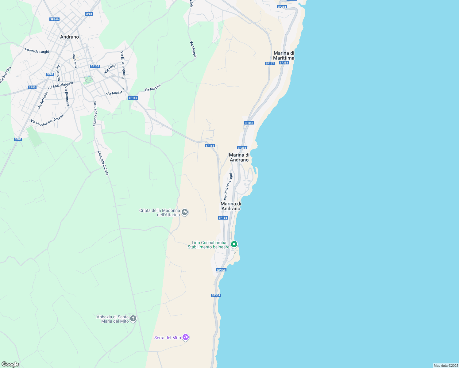 map of restaurants, bars, coffee shops, grocery stores, and more near 205 Via Cristoforo Colombo in Marina di Andrano