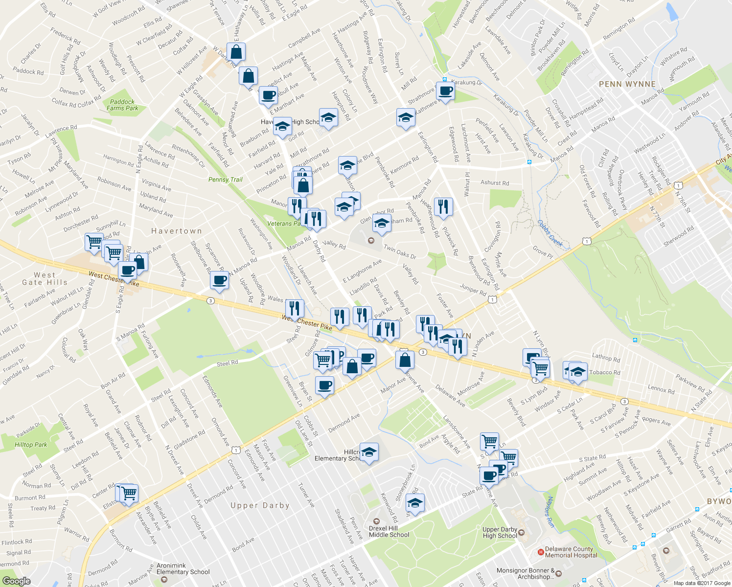 map of restaurants, bars, coffee shops, grocery stores, and more near 315 Lansdowne Road in Havertown