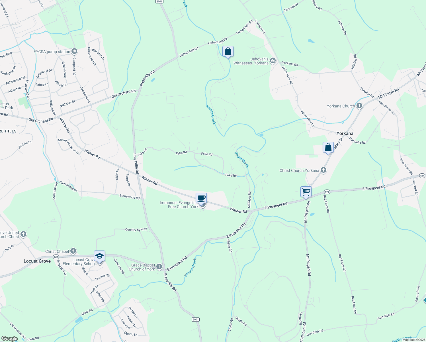 map of restaurants, bars, coffee shops, grocery stores, and more near 4810 Fake Road in York