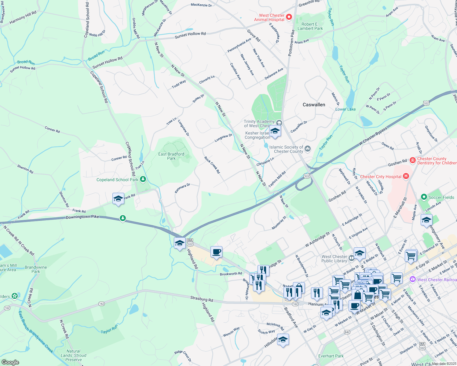 map of restaurants, bars, coffee shops, grocery stores, and more near 420 Chrislena Lane in West Chester