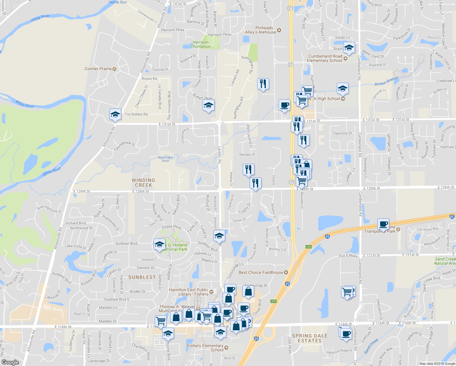 map of restaurants, bars, coffee shops, grocery stores, and more near 12603 Markay Drive in Fishers