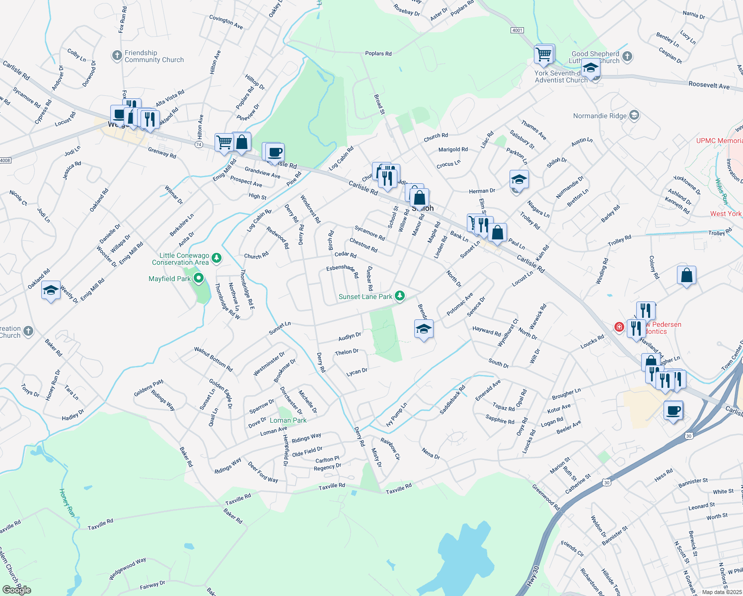 map of restaurants, bars, coffee shops, grocery stores, and more near 2480 Manor Road in York