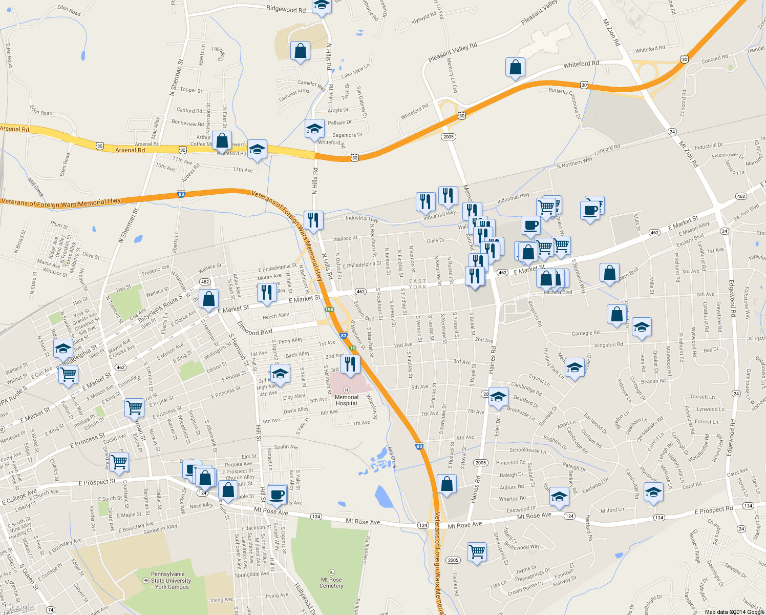 map of restaurants, bars, coffee shops, grocery stores, and more near 29 South Rockburn Street in York