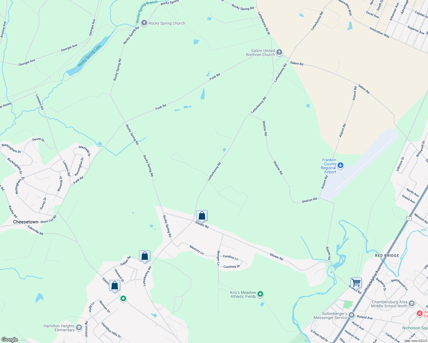 map of restaurants, bars, coffee shops, grocery stores, and more near 3420 Letterkenny Rd in Chambersburg