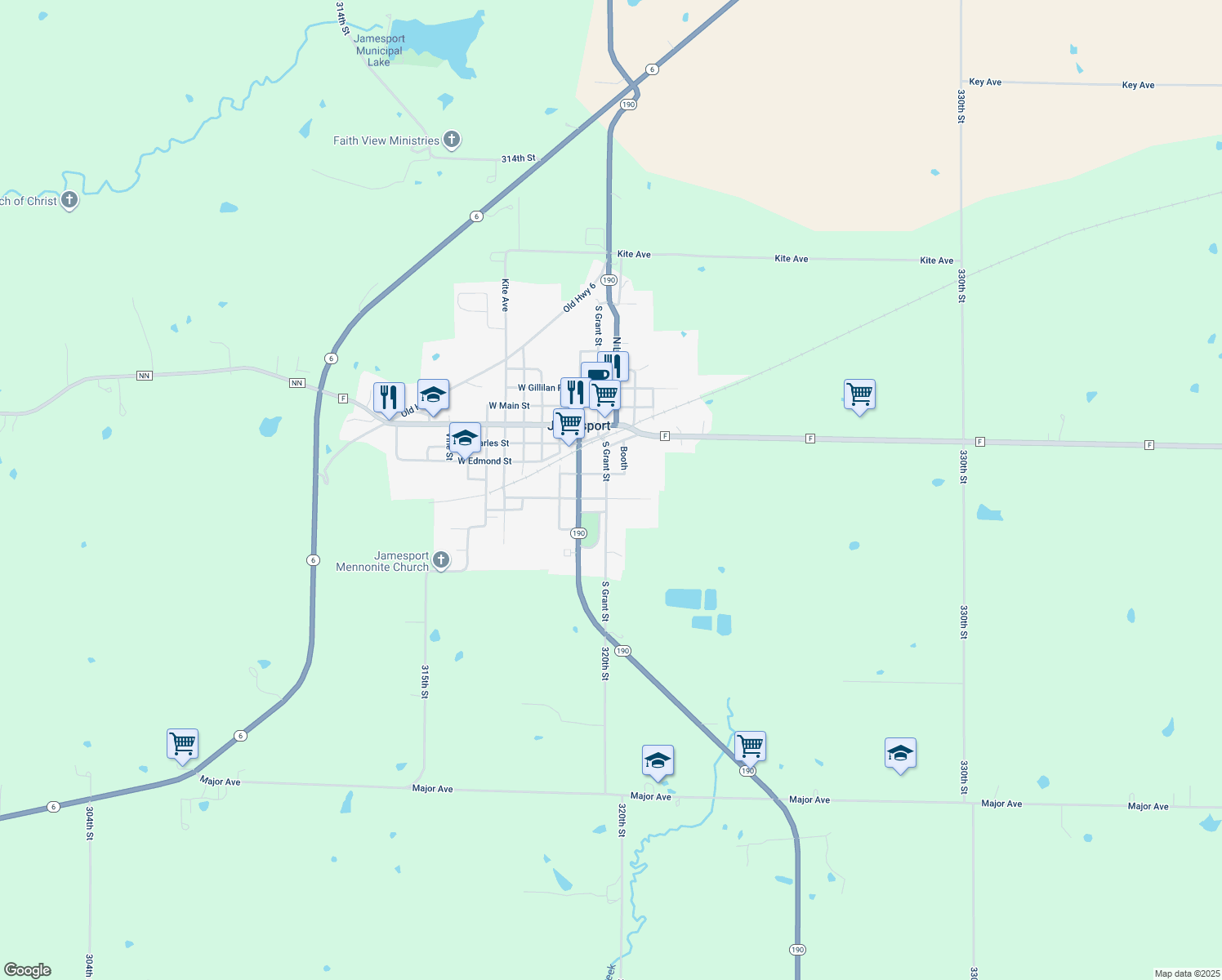 map of restaurants, bars, coffee shops, grocery stores, and more near 509 South Grant Street in Jamesport