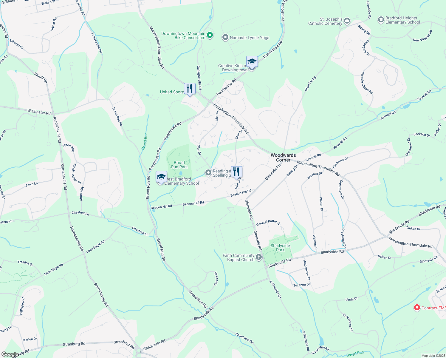 map of restaurants, bars, coffee shops, grocery stores, and more near 1403 Witherspoon Drive in Downingtown