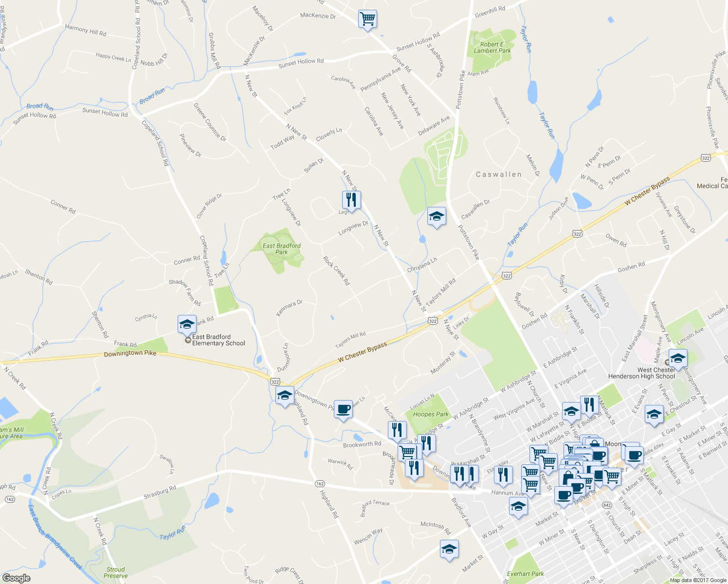 map of restaurants, bars, coffee shops, grocery stores, and more near 420 Chrislena Lane in West Chester