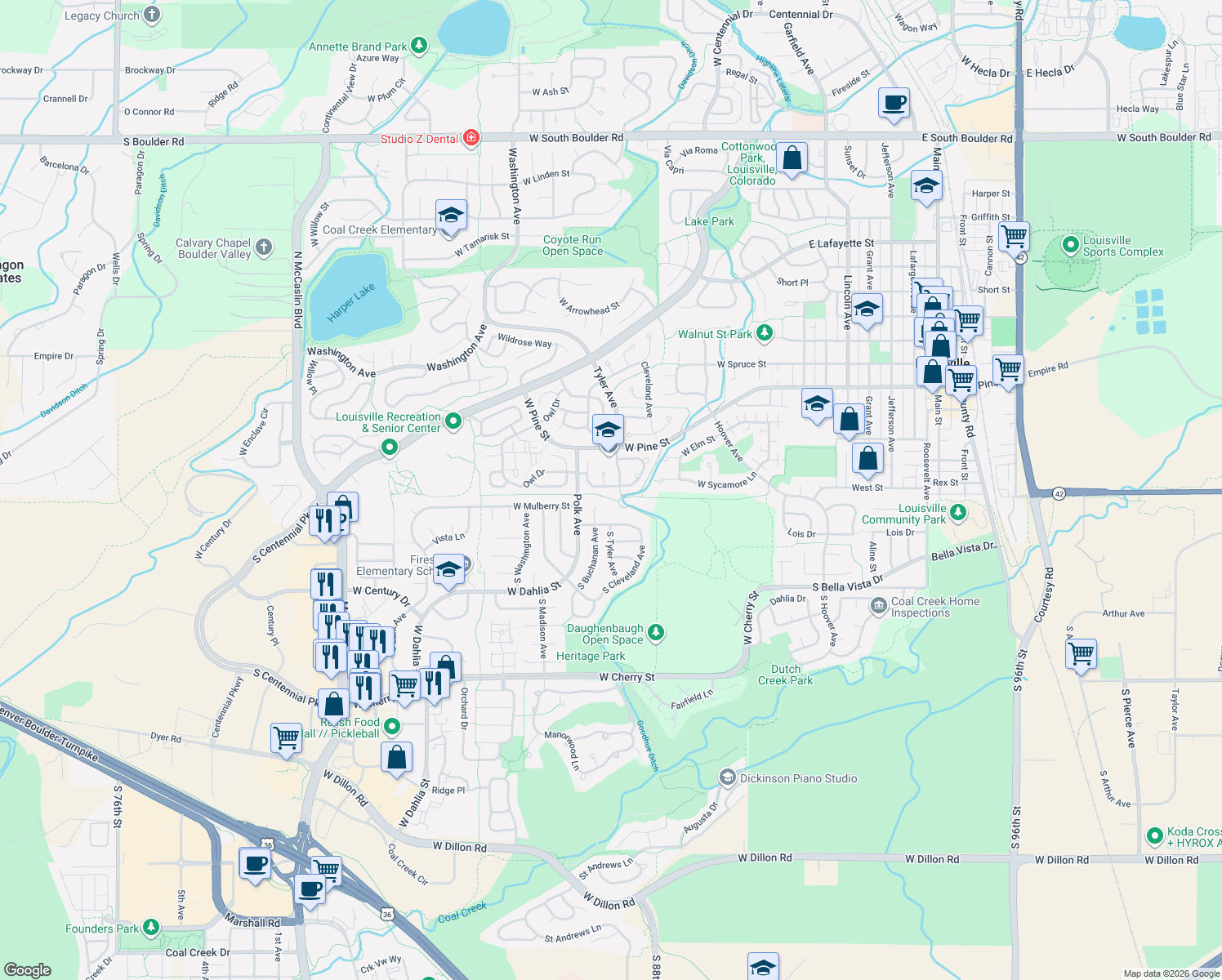 map of restaurants, bars, coffee shops, grocery stores, and more near 118 South Buchanan Court in Louisville