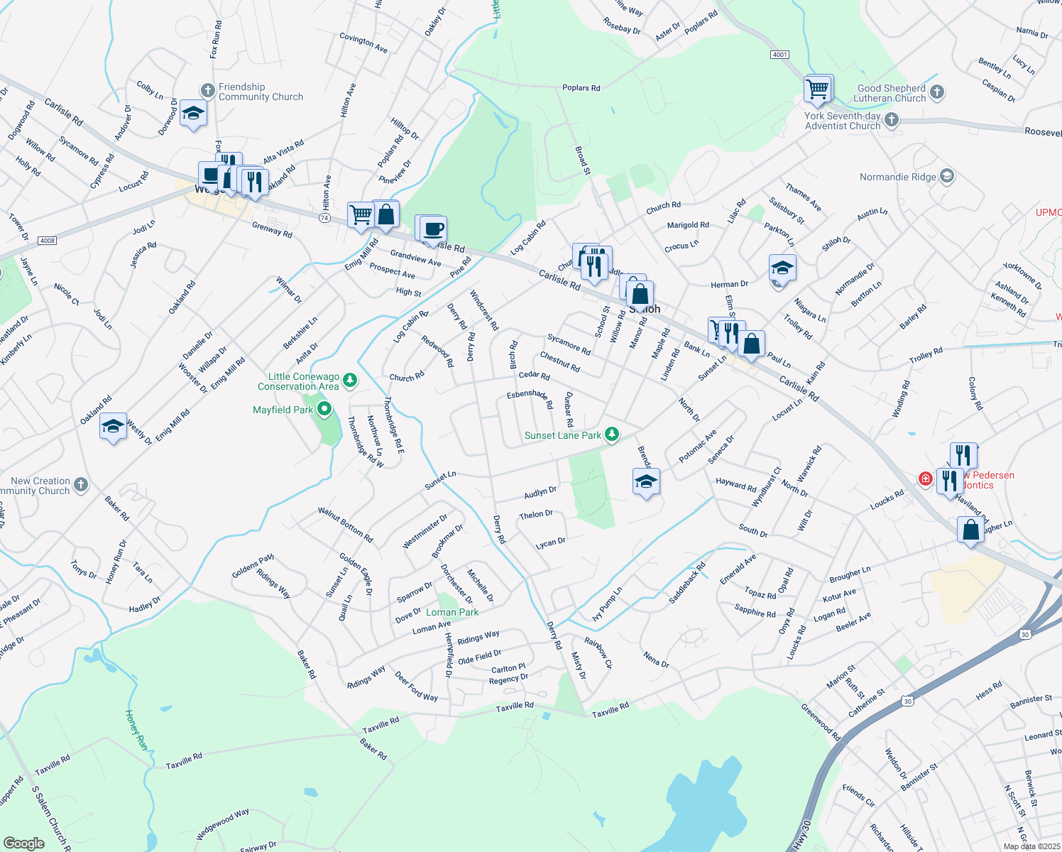 map of restaurants, bars, coffee shops, grocery stores, and more near 2152 Pemberton Place in York