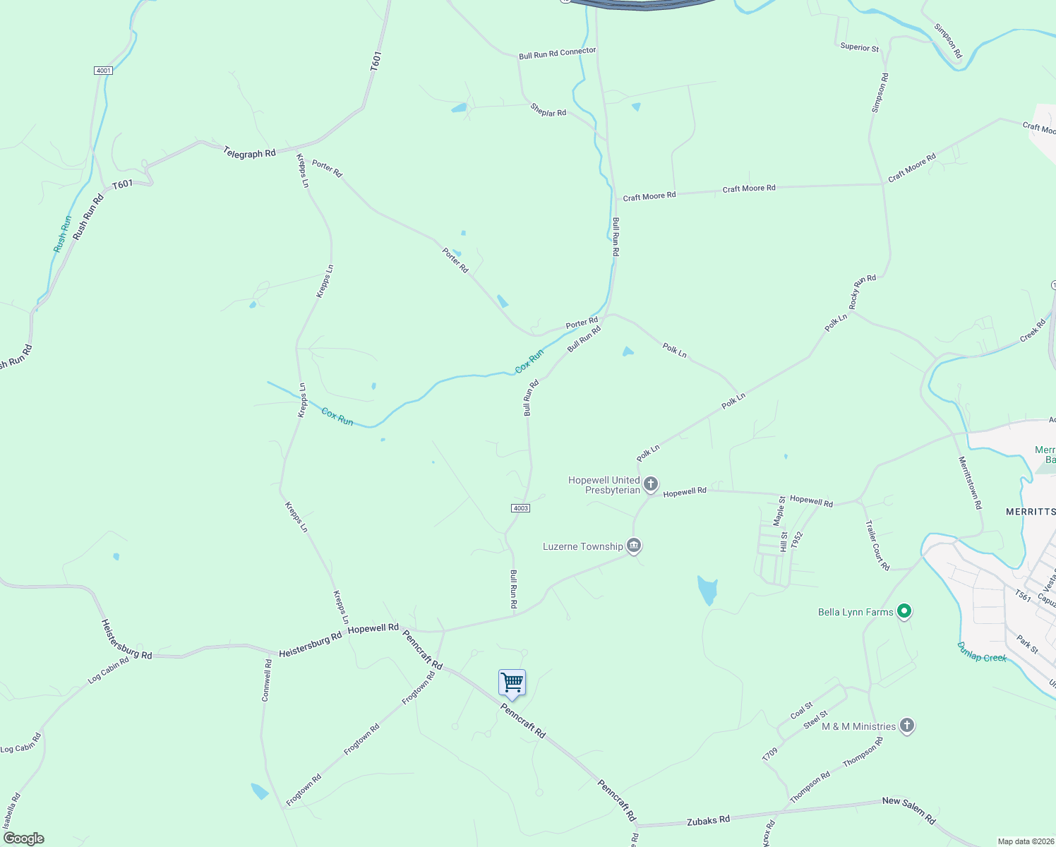 map of restaurants, bars, coffee shops, grocery stores, and more near 740 State Route 4003 in Brownsville